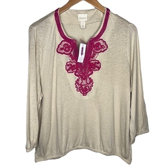 NWT CHICO’s tan pink crochet V neck blouse Chicos 2 Sz L - Picture 1 of 8